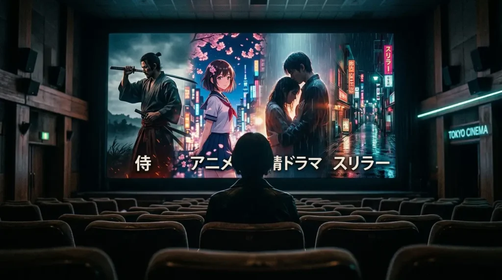 Silhouette watching cinematic screen featuring Japanese film themes like anime, samurai, Tokyo lights, and emotional drama visuals.