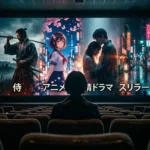 Silhouette watching cinematic screen featuring Japanese film themes like anime, samurai, Tokyo lights, and emotional drama visuals.