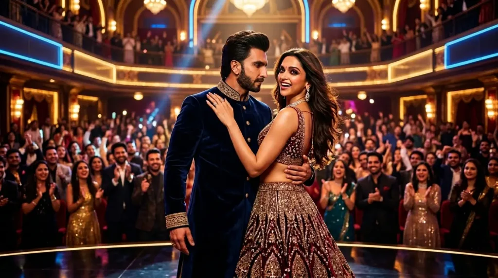 Bollywood movies streaming in HD with cinematic actors and luxury theater atmosphere.