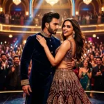 Bollywood movies streaming in HD with cinematic actors and luxury theater atmosphere.