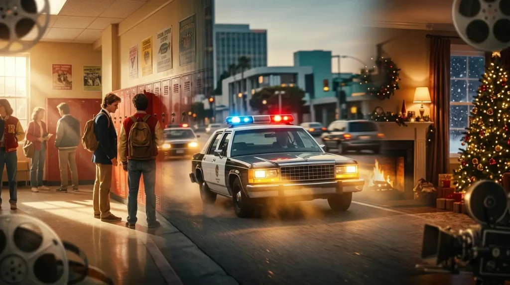 Cinematic Hollywood-style collage inspired by Judge Reinhold movies featuring retro 1980s action-comedy and family film themes with warm golden lighting and film-like color grading.