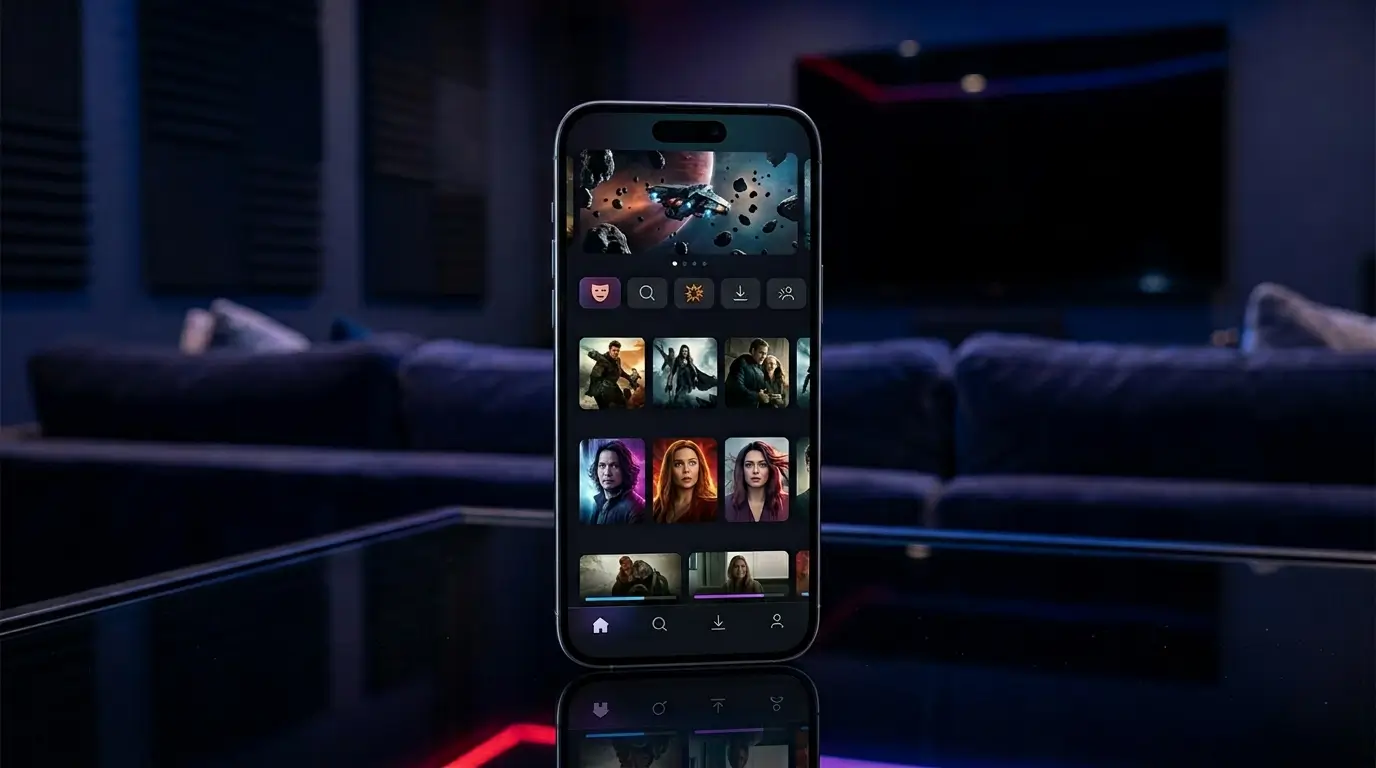 Movie Box Pro App streaming interface on smartphone with HD movies and TV shows