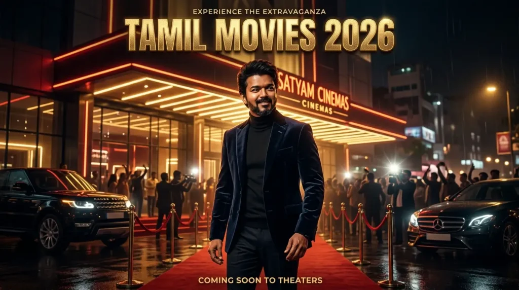 Tamil Movies 2026 luxury cinema themed featured image with premium theater interior and cinematic atmosphere