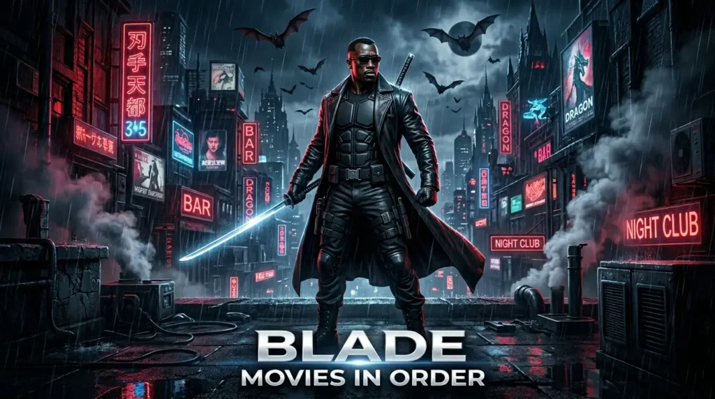 Blade vampire hunter standing in a dark gothic city with glowing sword and cinematic action atmosphere