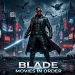 Blade vampire hunter standing in a dark gothic city with glowing sword and cinematic action atmosphere