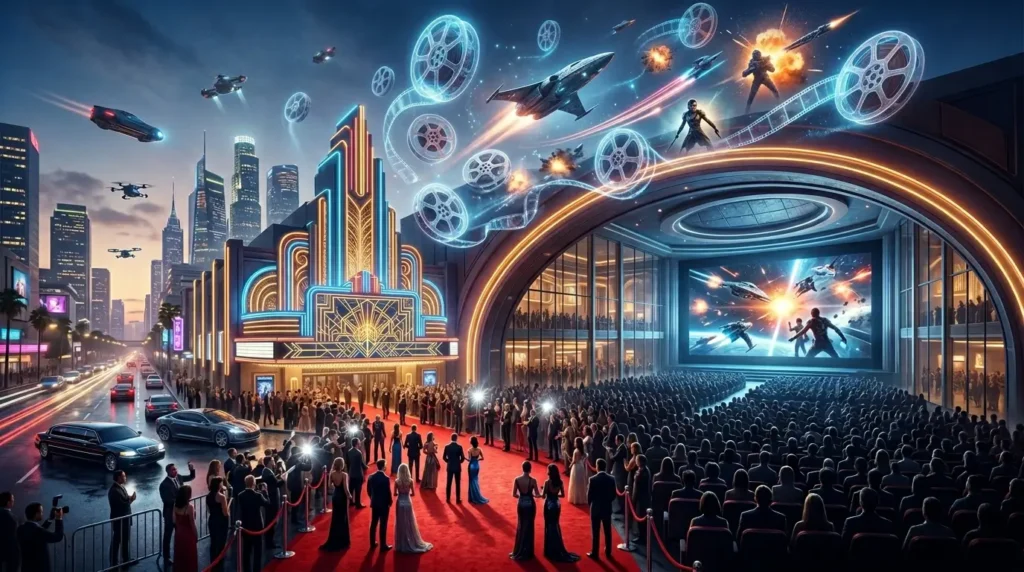 Hollywood Movies 2025 cinematic concept showing futuristic film visuals, red carpet, and blockbuster entertainment theme