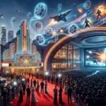 Hollywood Movies 2025 cinematic concept showing futuristic film visuals, red carpet, and blockbuster entertainment theme