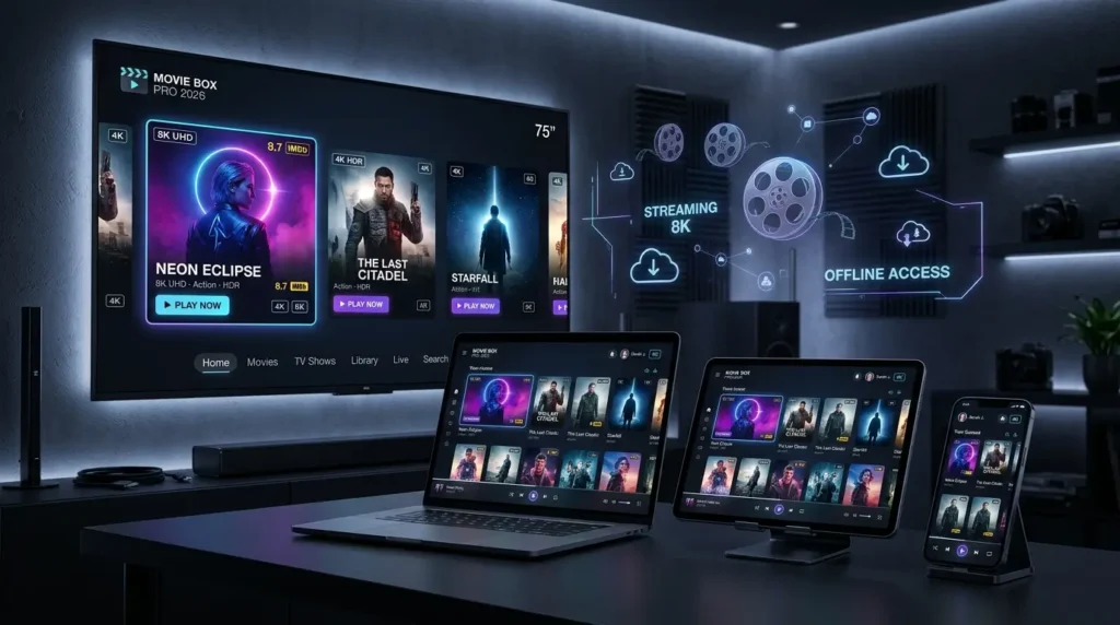 Movie Box Pro free download 2026 interface showing modern streaming app with HD movies, smart TV, mobile, and PC devices supporting high-quality video playback and offline viewing.