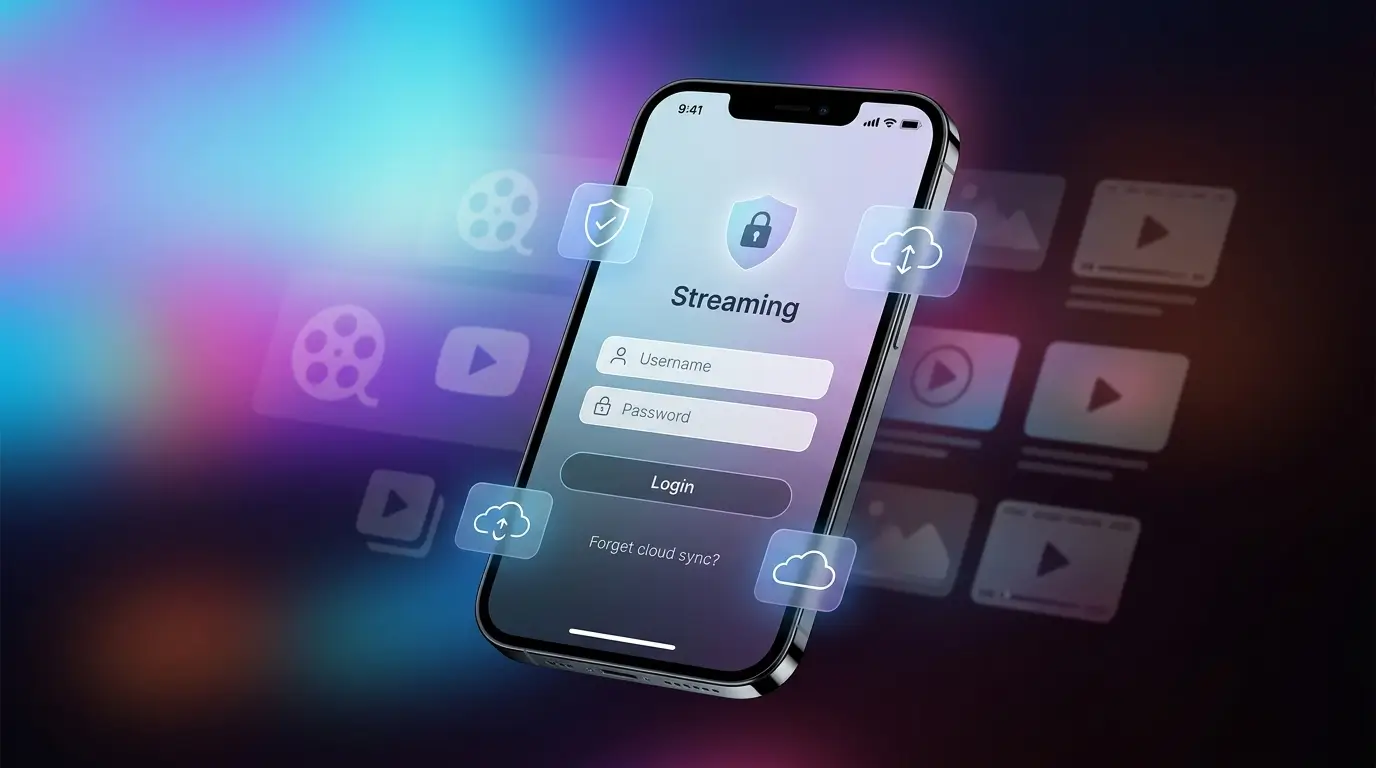 User attempting movie box pro login on a smartphone and laptop, showing a simple login screen with email and password fields in a realistic home workspace setup.