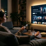 Movie Box Pro streaming app interface on smart TV in a modern living room with a user watching movies in 2026