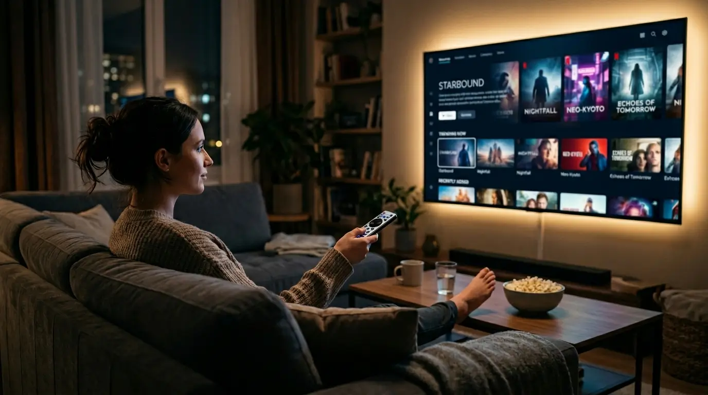Movie Box Pro streaming app interface on smart TV in a modern living room with a user watching movies in 2026